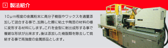 製法紹介　10μm程度の金属粉末に高分子樹脂やワックスを適量添加して混合することで、加熱した際に粘土や陶芸の材料の様に変形する材料にします。これを